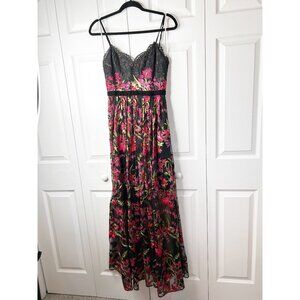Marchesa Notte Embroidered Lace Black Multi-Color Maxi Gown Women's Size 2